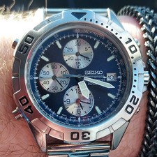 Seiko 7T32-7F70 Men's Quartz Chronograph Alarm Blue Dial WR100m 43mm