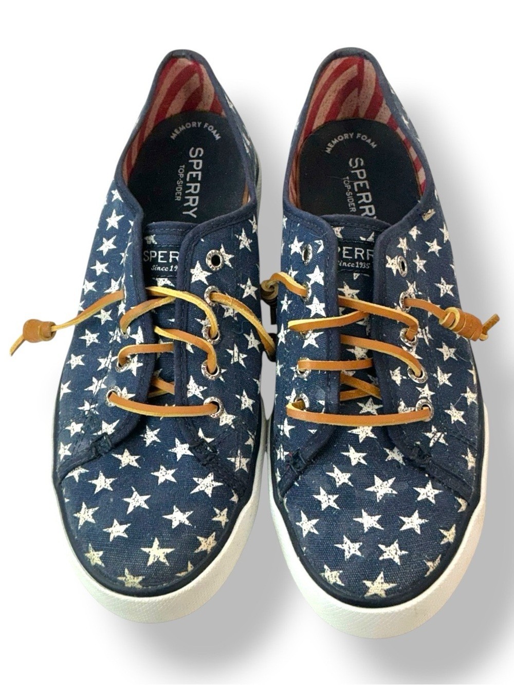 Sperry Women Boat Shoes Patriotic Topsiders Canvas Slip On Sneaker Blue White 8M