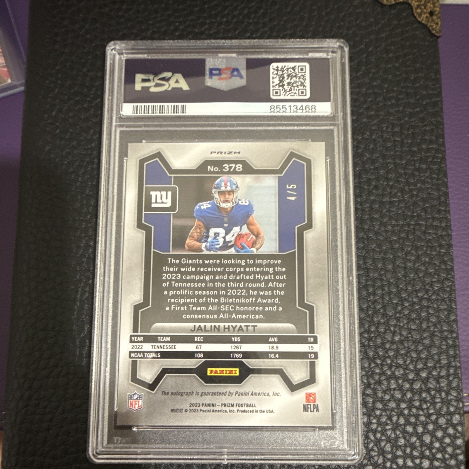 Panini 2023 Prizm Jalin Hyatt #378 Gold Vinyl RC Auto /5 PSA 9 Giants view 2
