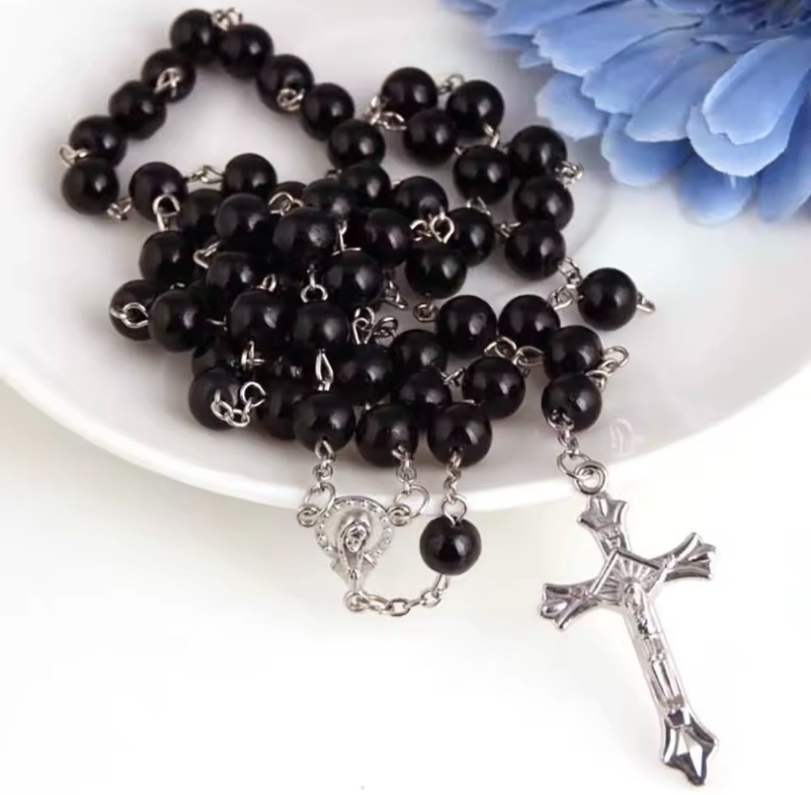 Black Stone Beaded Rosary Necklace For Catholic Prayers