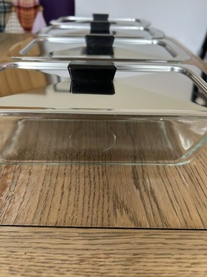 4 Vintage Hostess Trolley Glas (Glasbacken) Geschirr & Edelstahldeckel USA