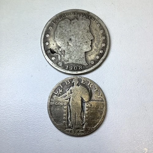 Lot Of 2 Coins - 1908-o Barber 50c Half Dollar 1926 SLQ 25c Quarter