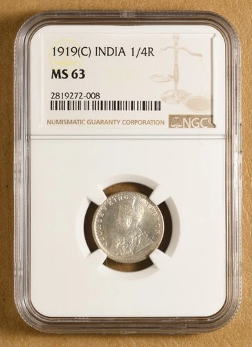 1919 C India 1/4 Rupee NGC MS63
