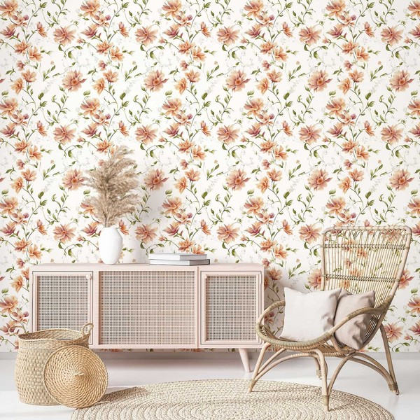 Vliestapete Blumen Ranken BläTter Floral Motiv Weiß Orange GrüN 89023 (3,84€/1Qm-image