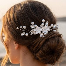 Silver Rhinestone Bridal Flower Hair Comb Crystal Pearl Headpiece Women Girl