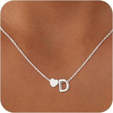 Heart Initial Necklaces for Women 14K Gold Plated Dainty A-Z Letter Silver