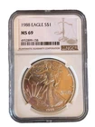 1988 American Silver Eagle $1 Dollar Coin One Troy Ounce 0.999 Fine NGC MS69