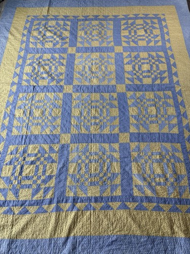 Antique 1800s Lancaster Blue Cheddar Yellow Crown Of Thorns Patchwork Quilt PA