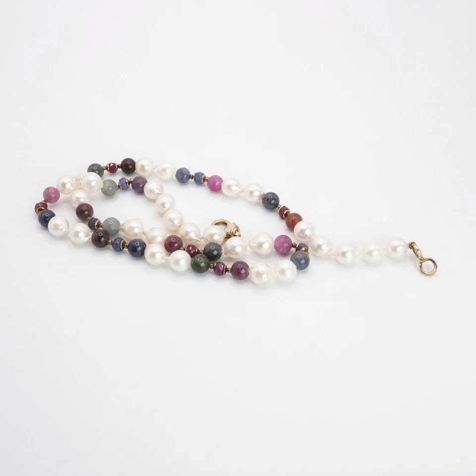 Collana Perle Akoya rubini Zaffiri Argento 925 Oro Vintage - Immagine 2 di 4