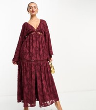 ASOS Design Burnout Floral Lace V-Neck Batwing Maxi Dress Size 4 Red Crochet