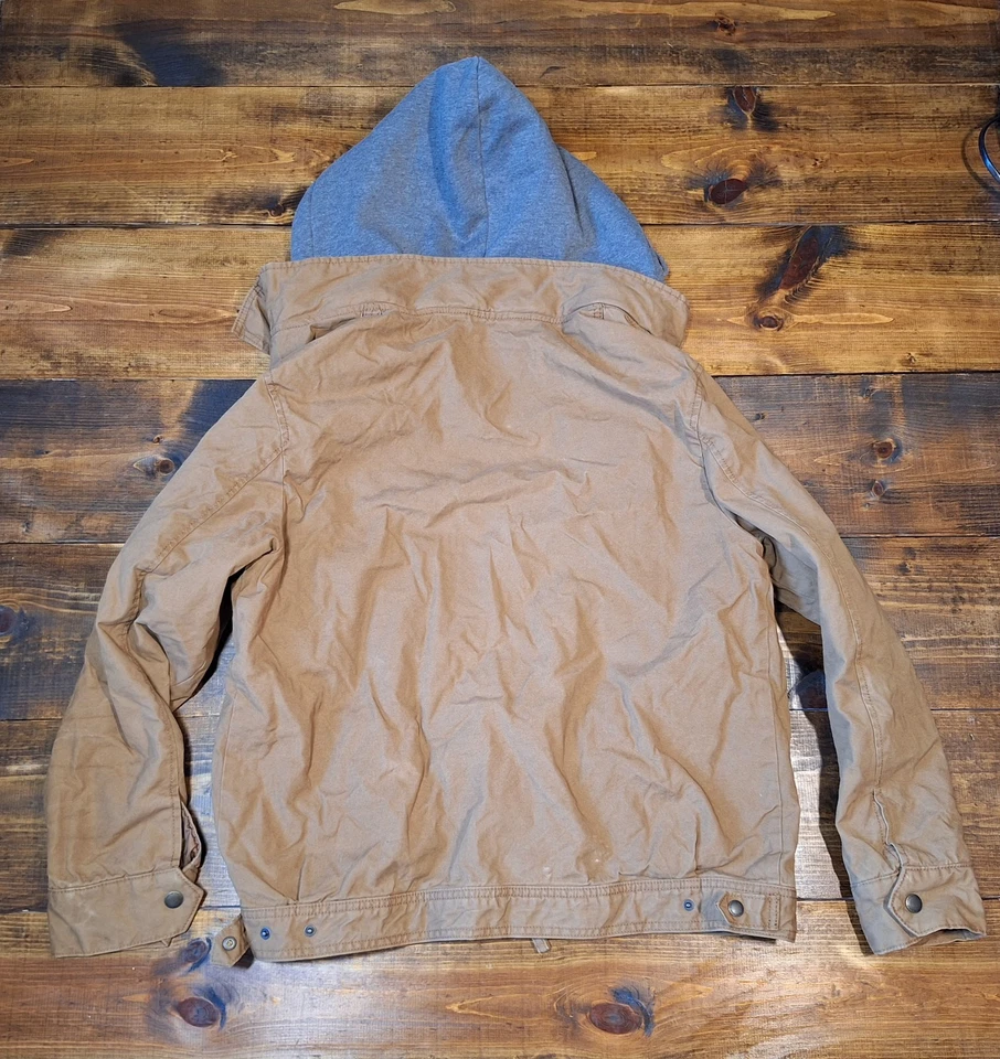 Chaqueta American Eagle Para Hombre L Marrón Lona Forrada de Vellón Capucha Cremallera Completa/Abrigo a Presión Foto 3 de 4