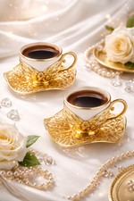 Set da caffè per due, 2 tazzine in porcellana dorata bianca, oro