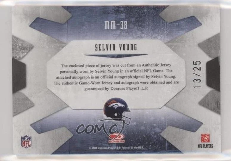 2008 Leaf Limited Material Monikers Jersey Numbers Prime /25 Selvin Young Auto - Image 2 of 2