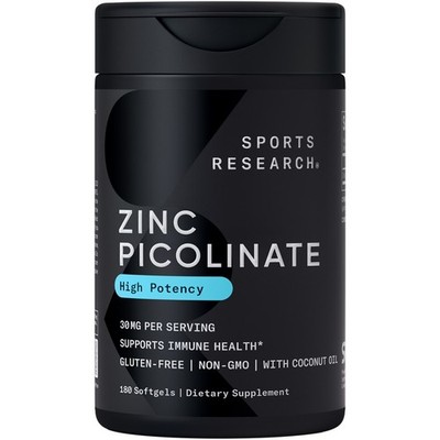 High Potency Zinc Picolinate 30mg Organic Coconut Oil Gluten Free (180 Softgels)