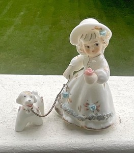 Darling Vintage Ceramic Porcelain MCM Girl w Poodle On a Leash Chain