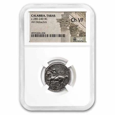 Calabria AR Didrachm Taras on Dolphin (280-240 BC) Ch VF NGC