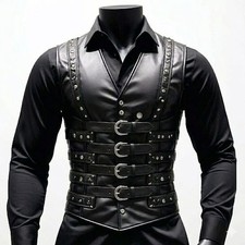 Mens Corset Vest Real Leather Steel Boned Steampunk Gothic Business Waistcoat US
