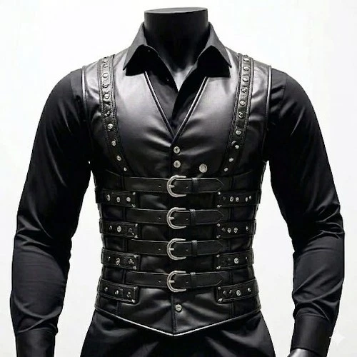 Mens Corset Vest Real Leather Steel Boned Steampunk Gothic Business Waistcoat US - product listing photo