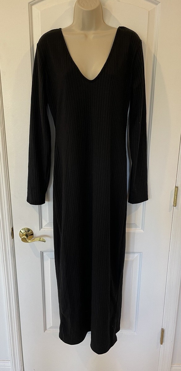 black long sleeve v neck maxi dress Marine Layer Lexi Rib V-Neck Maxi Dress in Black Extra Large / Black main image 1