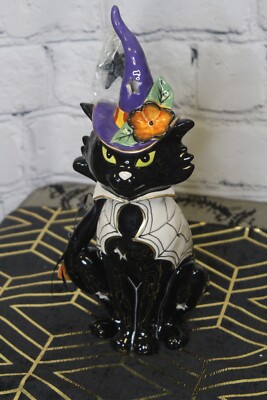 Halloween Blue Sky Ceramic Black Cat w/Cape & Witch's Hat Tea Light Holder