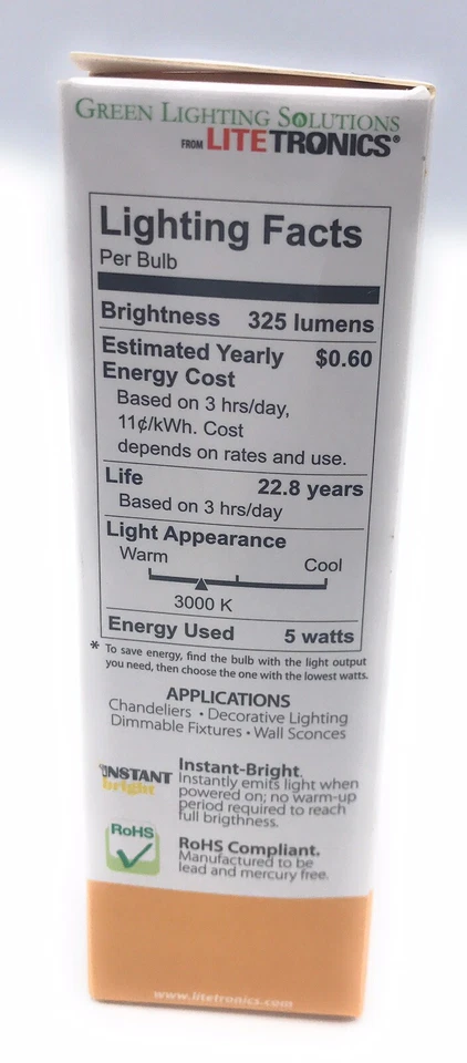 25Watt Equivalent Candelabra Base Led Bulb CA11 Dimmable 3000K Litetronics - Image 4 of 4