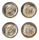 2-Coin 1964 10c Silver Roosevelt Dime PQ End Cap Rainbow Toning - .14 ASW- Z5355