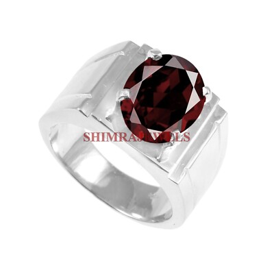 Natural Garnet Gemstone With 14K White Gold Plated Silver Mens Ring #448