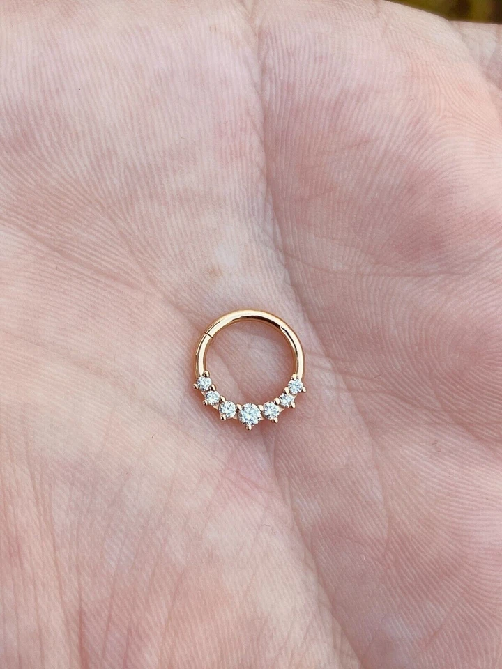 Anillo nariz con bisagras graduación clicker tabique cartílago diamantes naturales oro 14k Foto 2 de 2