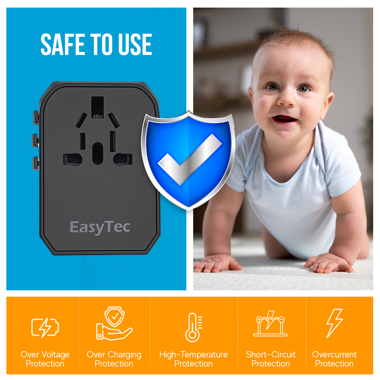 EasyTec Universal Travel Adapter Worldwide Travel Adaptor 4 USB +1 Type