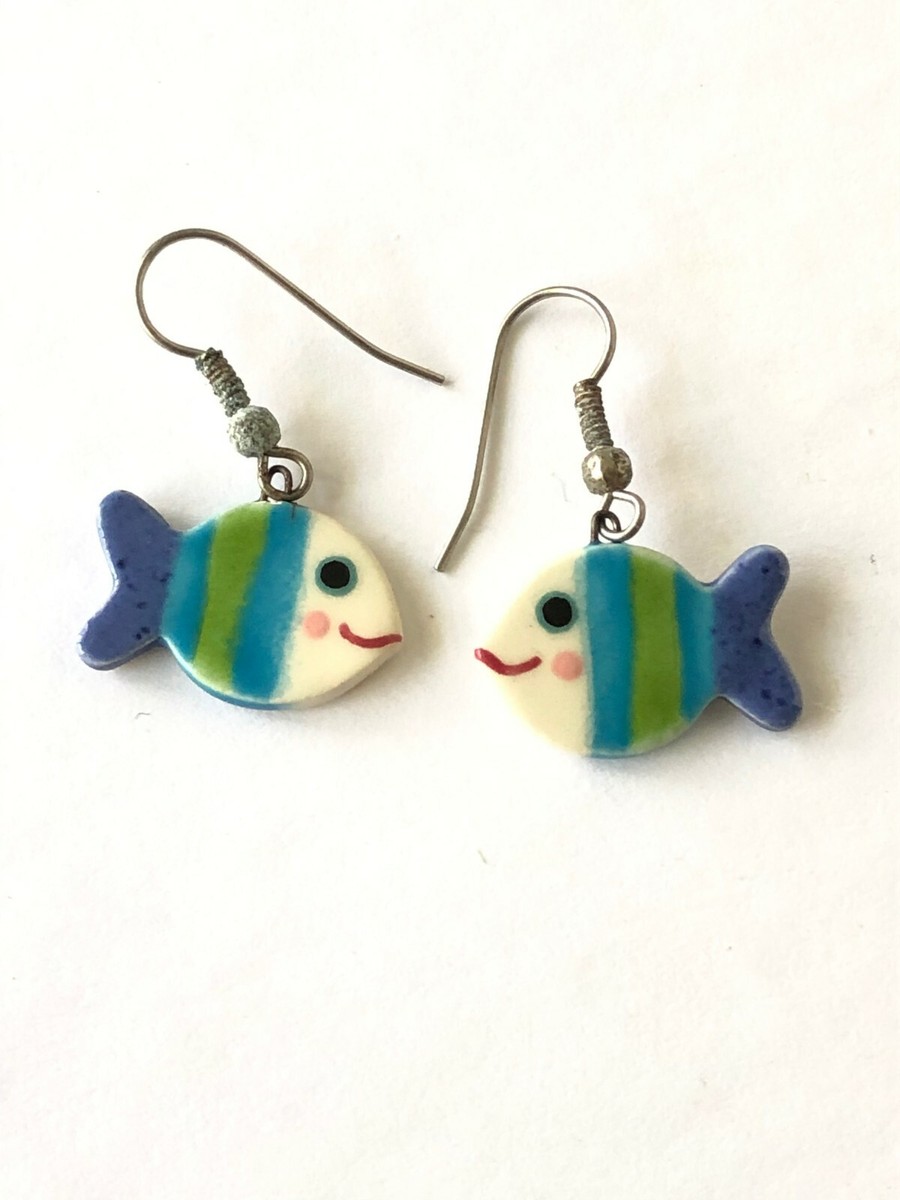 Boucles D'oreilles Pendantes En Porcelaine - Design Poissons, Peinture Main - Occasion