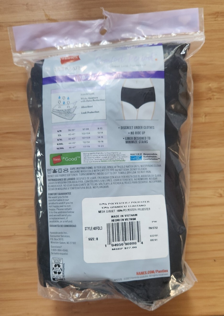 Hanes Brief 3Pack Women's Underwear Panties Fresh & Dry Leak