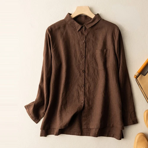 Vintage Style Cotton Linen Shirt Blouse Top Button-up Women Smart Casual Solid - Picture 1 of 22
