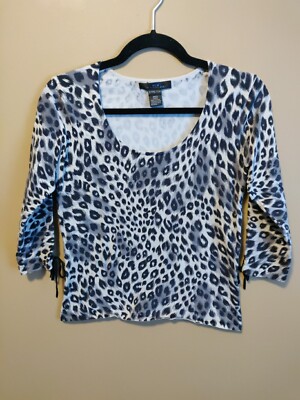 Sil X by August Silk women's S sweater black & ivory print 3/4 sleeves with ties