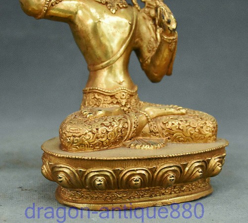 Statua 7,6" Antico tempio buddismo tibetano rame dorato Wenshu Manjushri porta spade - Foto 9 di 10