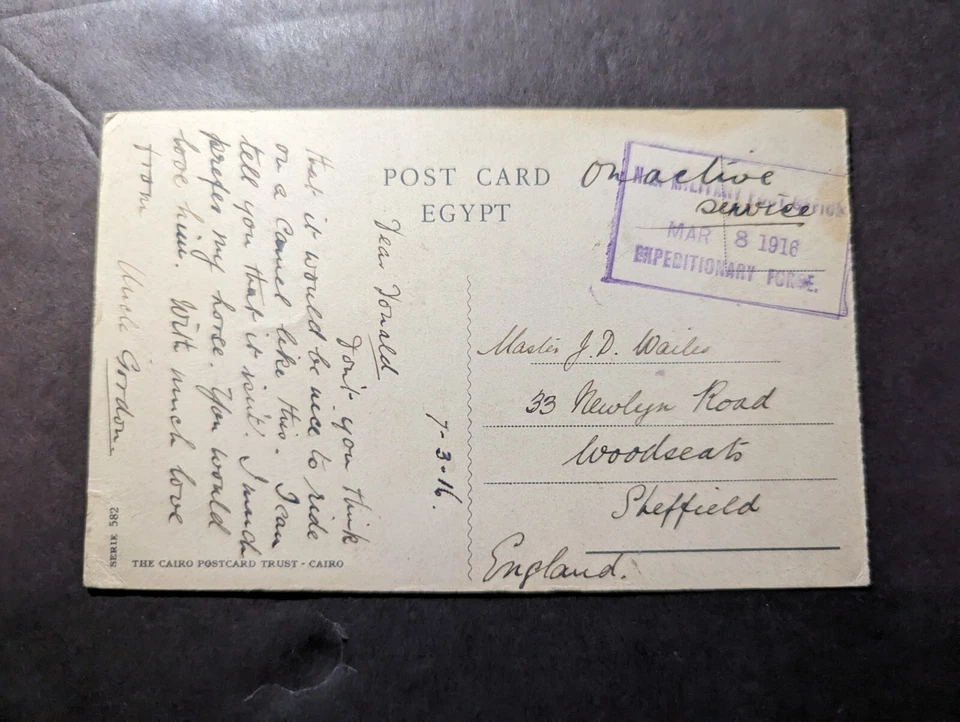 1916 Egipto Primera Guerra Mundial EEF Fuerza Expedicionaria Egipcia Postal Encubierta a Inglaterra Foto 2 de 2