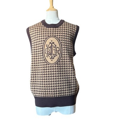 VNT C-Donna s L 100% Wool Houndstooth Vest Dark Academia Brown Medallion 80s/90s