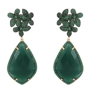 NEW Latelita Flowers Green Onyx Teardrop Earrings Gold! Holiday/Party Stunners! 