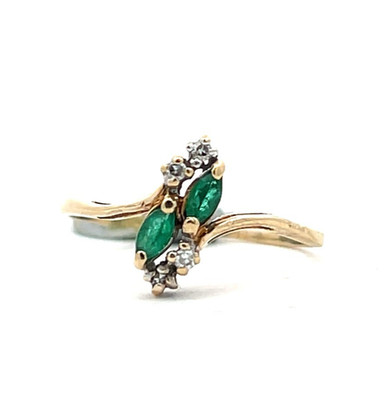 14K YG Bypass Marquise Smaragd Ring mit Durchmesser Akzenten - Größe 5,5 - Nachlass Schmuck #B599