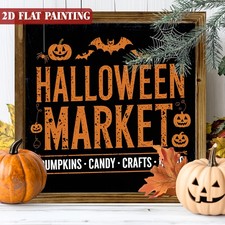 Distressed Halloween Market Pumpkin Bat Wooden Plaque For Rustic Wall Decor