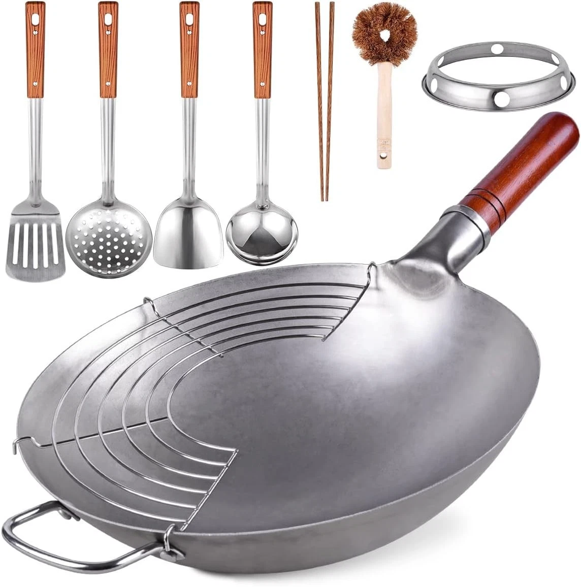 Carbon Steel Wok Traditional Hand Hammered 13.4" Chinese Woks Round Bottom Wok