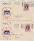 MALAYA 1953 PERAK & TRENGGANU *QEII CORONATION* official FDCs with SINGAPORE cds