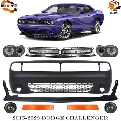 Front Bumper Cover Primed Plastic & Headlight Kit For 2015-2023 Dodge Challenger