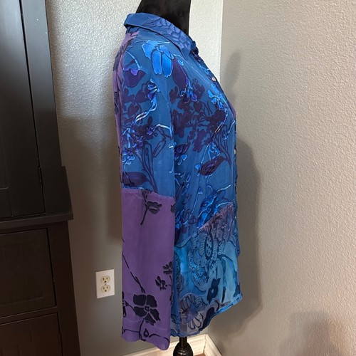 Chico’s Blouse Women’s Size 1 Large Silk Blend Patchwork Floral Sheer Blue - Picture 8 of 8