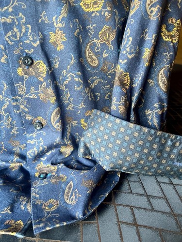 Neu mit Etikett Leo Chevalier BÜGELFREI 100 % BAUMWOLLE marineblau Large LS Paisley/Blumendruck WOW - Bild 4 von 16
