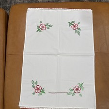 Vintage Hand Embroidered Table Topper Runner 32x22 Floral Lace Cottagecore