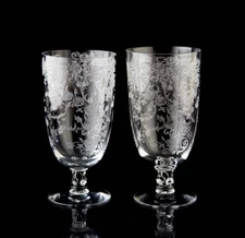 Fostoria Buttercup Iced Tea Goblet Glasses Set of 2 Vintage Floral Etch