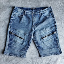 Y2K South Pole Jorts Jean Shorts Moto Style Zip Pockets Ribbed Slim Mens 34