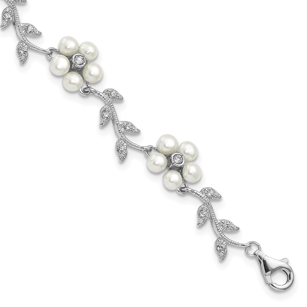 Sterling Silver Cubic Zirconia Vine Pattern & Cultured Pearl Floral Bracelet 7