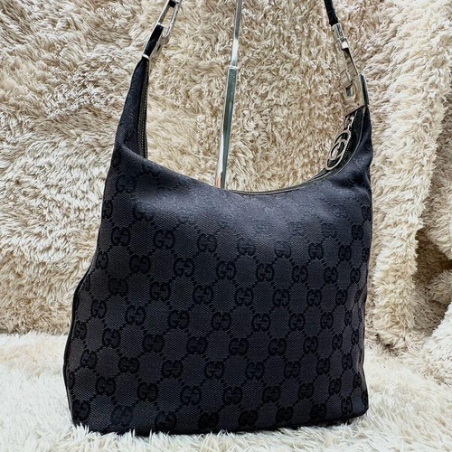 Gucci GG Pattern Shoulder Bag Black Canvas Leather 9.4x7.9x4.3 in With Dust Bag