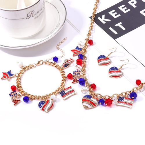 4th of July Jewelry Set American Flag Charm Choker Necklace Bracelets Heart - Picture 2 of 3